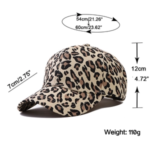 Dimensions de la casquette léopard indiquant la hauteur, la visière et le tour de tête