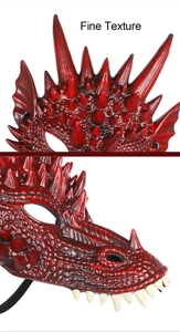 Macro detail of dark red dragon mask showing fine 3D scales and sharp white teeth texture