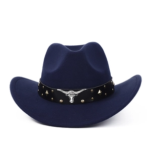 Dark blue Tibetan western cowboy hat with silver bull head emblem and studded leather band