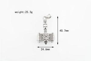 Detailed view of Viking Mjölnir hammer pendant with intricate woven patterns and dimensions