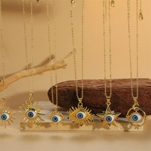 Bohemian Copper Gold Plated Evil Eye Pendant Necklace For Women With Zirconia Sun Star Moon Eyelash Design Jewelry