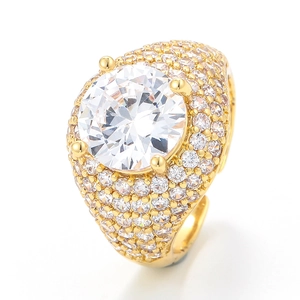 Luxury Copper Ring Large Cubic Zirconia Center Stone Pavé Setting Hip Hop Style Adjustable Band For Men And Women