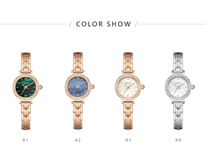 Color options of elegant women's watches featuring rhinestone bezels and pearl dials