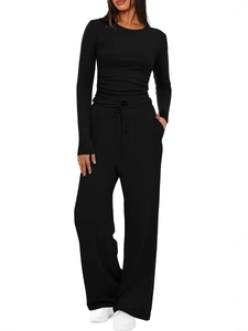 Completo donna 2 pezzi con top a maniche lunghe e pantaloni a gamba larga a vita alta