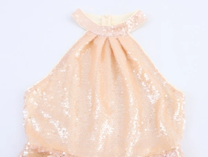Detailed close-up of champagne sequin halter neck evening dress with back zipper detail