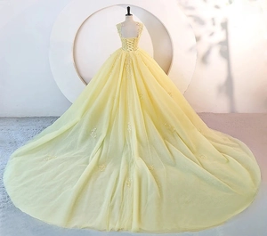 Detail of light yellow ball gown featuring a lace-up back and elegant floral lace appliques