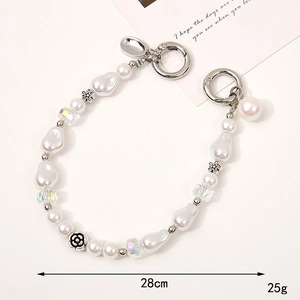 DIY phone case pearl strap with flower charm in white and silver finish, 28cm length