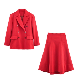 Red Blazer And Midi Skirt Polyester Double Breasted Long Sleeve Elegant Street Style Women Suit Outfit