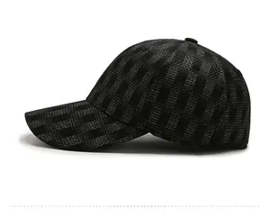 Side view of dark striped baseball cap with premium texture and structured crown