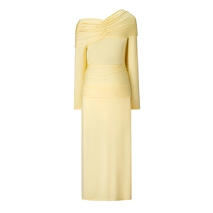 Elegant one shoulder long sleeve ruched yellow knit maxi dress for women's fashion
