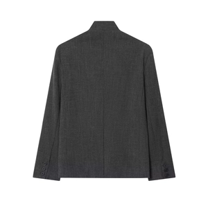 Back view of a sophisticated dark grey blazer with elegant tailoring and button cuffs