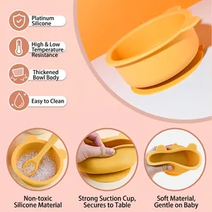 Yellow baby silicone suction bowl and spoon set with cute bear design for infant feeding