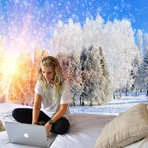 Winter snowy forest wall tapestry showing a realistic forest scene for dorm room decor