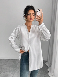 Chemisier À Rayures Manches Longues Boutonné Oversized Col En V Rayures Verticales Haut Décontracté De Bureau Pour Femmes