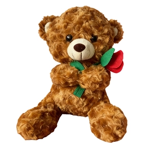 Ours en peluche marron tenant une rose rouge, idéal pour un cadeau romantique