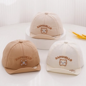 Detailed close-up of quick-dry baby hats featuring bear embroidery and soft brims