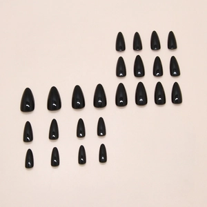 Glossy black almond-shaped press-on nails set with 24 pieces for women