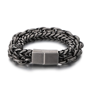 Men's double-layer stainless steel chain bracelet with square magnetic clasp in silver