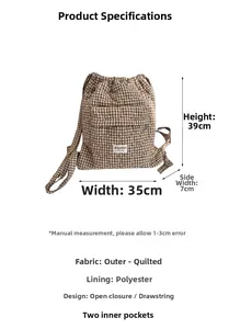 Detailed dimensions of brown quilted plaid drawstring backpack with size annotations