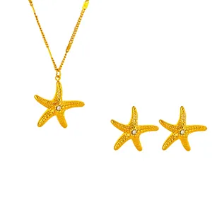 Summer Beach Starfish Jewelry Set Titanium Steel Rhinestone Necklace Stud Earrings For Women Trendy Sea Life Accessories