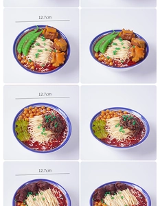 Dettaglio di modelli di ciotole di ramen artificiali con condimenti e diametro 12,7 cm