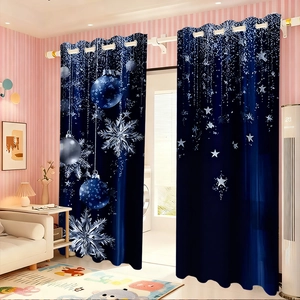 Dark blue blackout curtains with silver snowflake and Christmas ball prints for festive decor