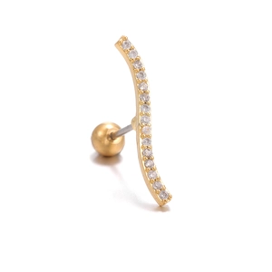 Macro shot of curved gold ear stud featuring sparkling zircon stones and a ball back screw