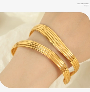 Macro shot of 18K gold plated textured bangle featuring multi-layer ribbed surface detail