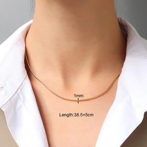 Close-up of a 1mm gold PVD stainless steel snake chain necklace on model's neck