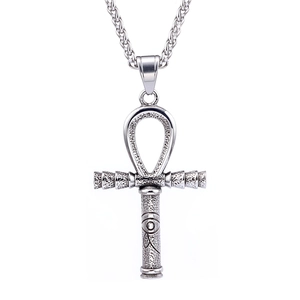 Silver Ankh cross pendant necklace with Eye of Horus motif and wheat chain link