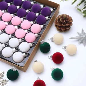 Mixed set of 30pcs 3cm flocked Christmas balls in matte colors with silver hanging caps