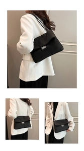 Collage of black pleated chain shoulder bag showing various angles on a white blazer outfit