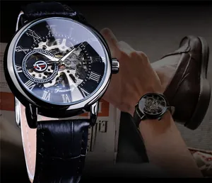 Macro view of skeleton mechanical watch with silver gears and black leather strap