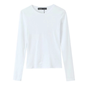 T-shirt blanc classique à manches longues et col rond en maille de coton à plat