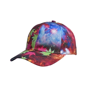 Detail of the baseball cap showing vibrant star and maple leaf print on satin fabric