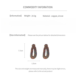 Detailed chart showing vintage oval zircon earrings dimensions and material specs