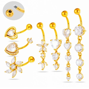 Belly Button Rings Navel Piercing Jewelry Stainless Steel Cubic Zirconia Heart Flower Dangle Tassel For Women Fashion