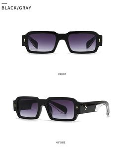 Front and side view of black thick rectangle sunglasses with golden arrow rivets