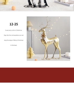 Close-up of golden Christmas reindeer figurine with snowflake collar on a minimalist desk