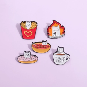 Set of 5 cartoon cat enamel pins featuring fries, flame, soup, donut, and coffee designs