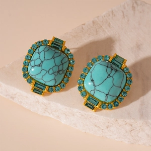 Boucles D'oreilles Carrées Vintage Avec Turquoise Artificielle Et Strass Avec Tige En Argent Style Français Pour Femmes