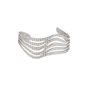Detailed view of silver wave multi-layer open bangle with textured scale pattern finish