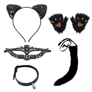 Black cat cosplay set with sequin ears, lace mask, faux fur paws, collar and tail