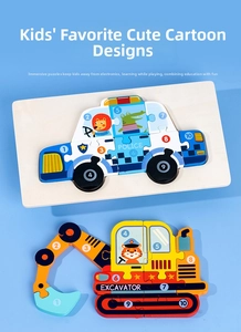 Detail of wooden 3D number puzzles showing police car and excavator for toddlers