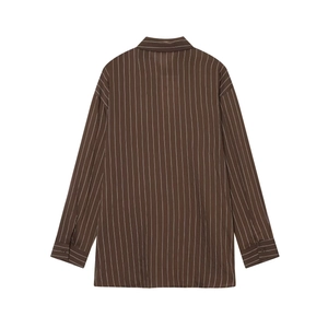 Women's casual long sleeve brown striped shirt with vertical pattern back view
