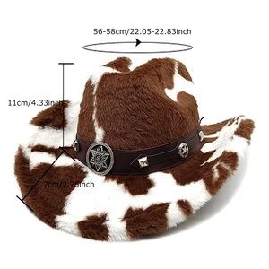 Brown cow print plush cowboy hat with decorative studded belt and star emblem