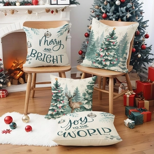Christmas pillow covers set with reindeer and tree patterns on linen for holiday sofa decor