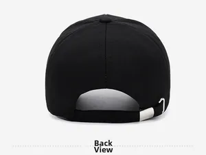 Rear view of black cotton baseball cap showing adjustable silver metal buckle and fabric texture