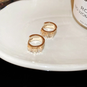 Detail of elegant gold square earrings with champagne gemstones on white ceramic plate