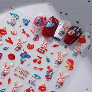 3D embossed cartoon rabbit nail art stickers with carrot and cherry patterns for manicure